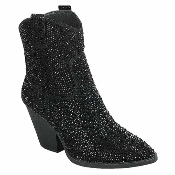 Rhinestone Cowboy Bling Bling Sparkly Pointed Toe Western Bootie Black sz 9 - Picture 3 of 10